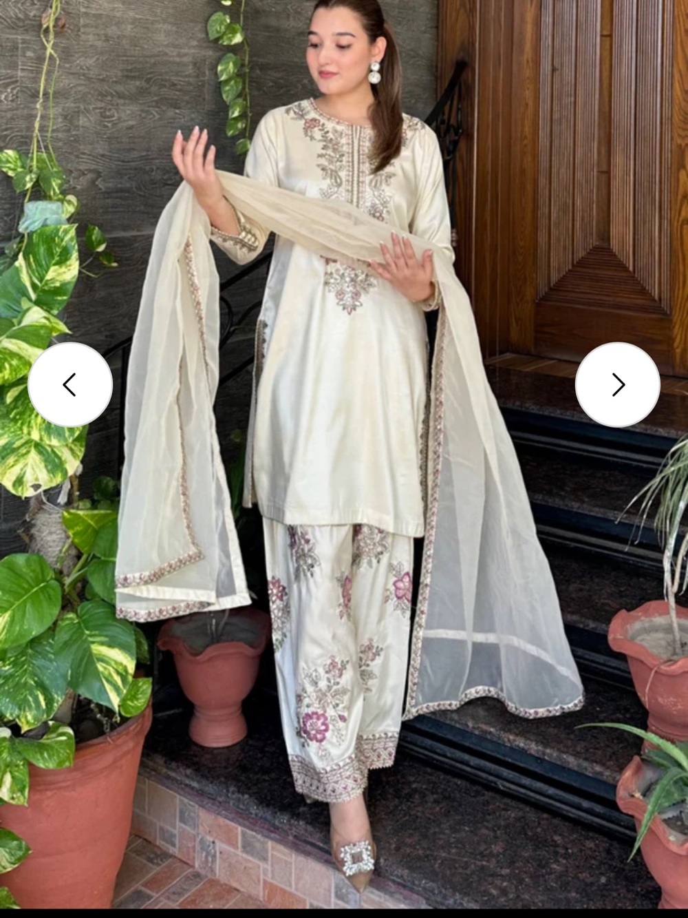 Embroidered Cream Salwar Kameez with Pink Floral Accents 3 piece set bust 38